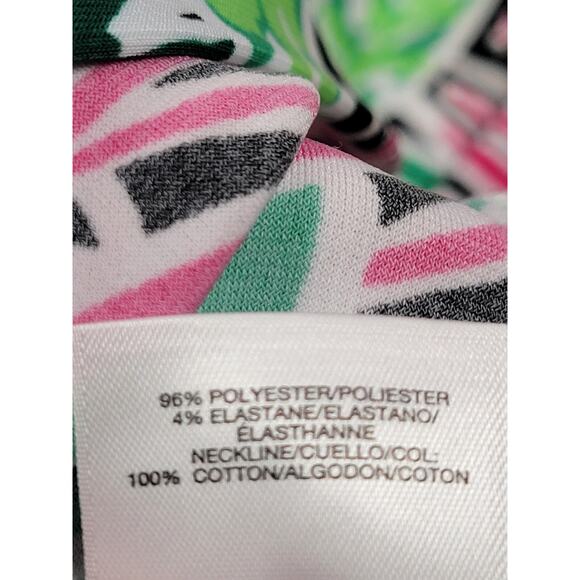 Pappagallo Stretch Flowy Top Large Long Sleeve Tropical Green Black Pink L - Picture 5 of 6
